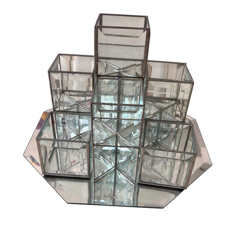 Vintage 3 Tier Leaded and Beveled Glass Mirror 9 Piece Cube Votive Candle Holder - Picture 3 of 14